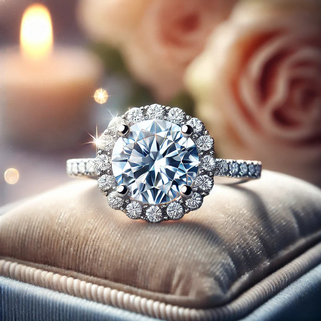 Elegant lab-created diamond rings with sparkling center stone and halo setting on cushioned display