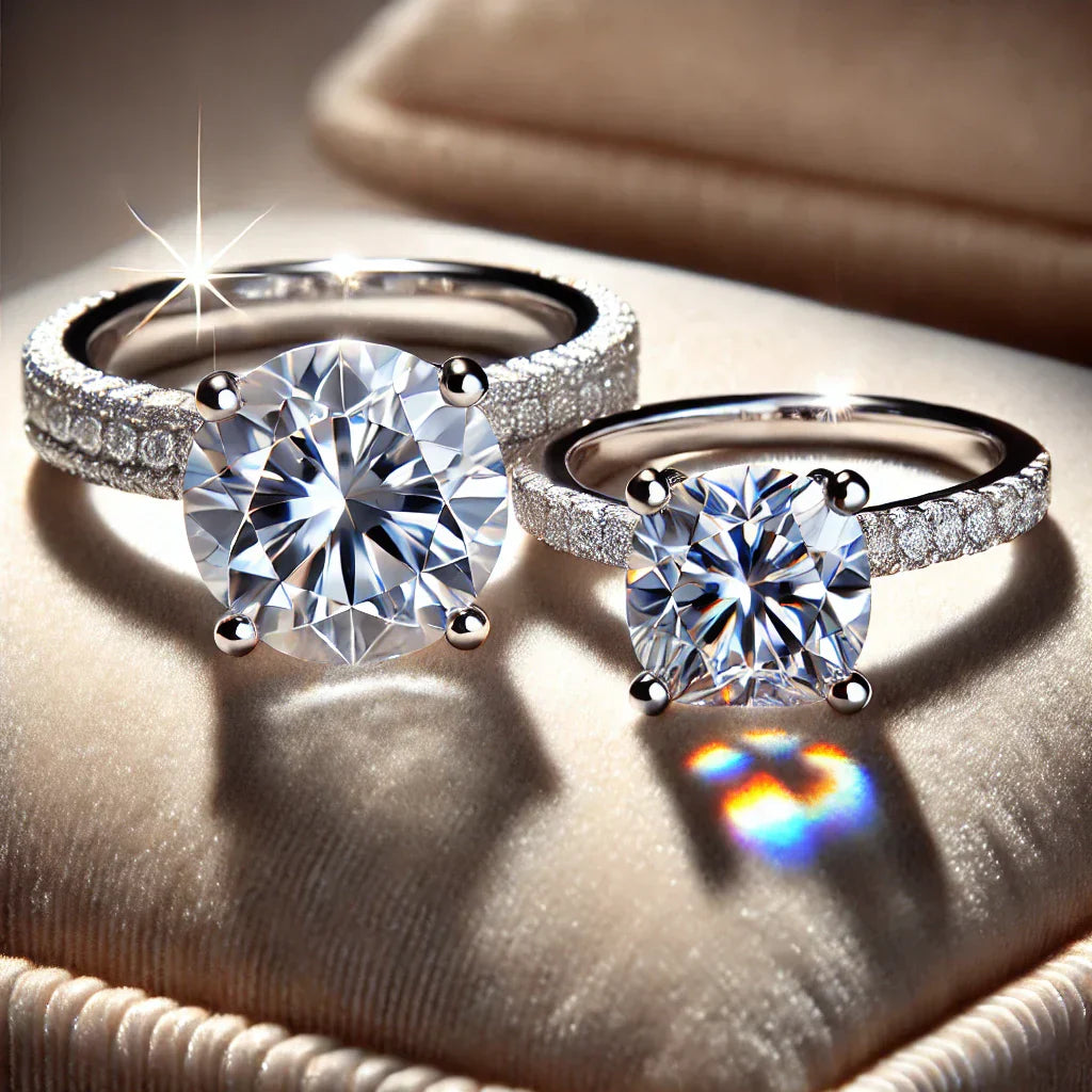 Close-up of two sparkling engagement rings comparing moissanite vs diamonds on a soft cushion