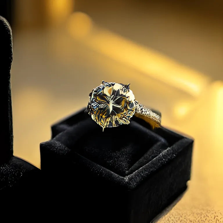 Elegant perfect diamond ring with intricate design displayed in a black velvet ring box