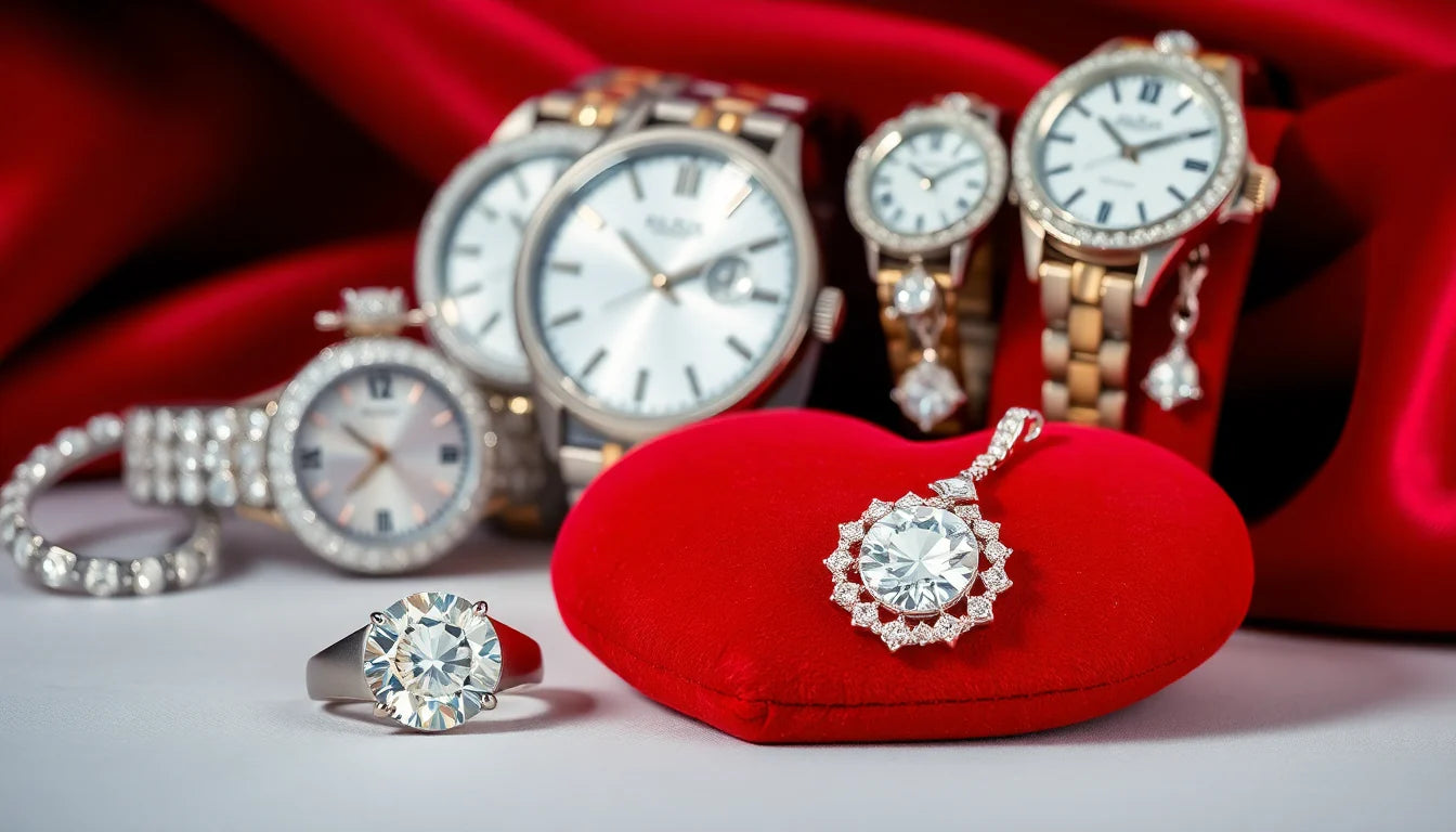 Luxury Valentine's Day gifts featuring diamond rings, pendants, and elegant watches displayed on red fabric