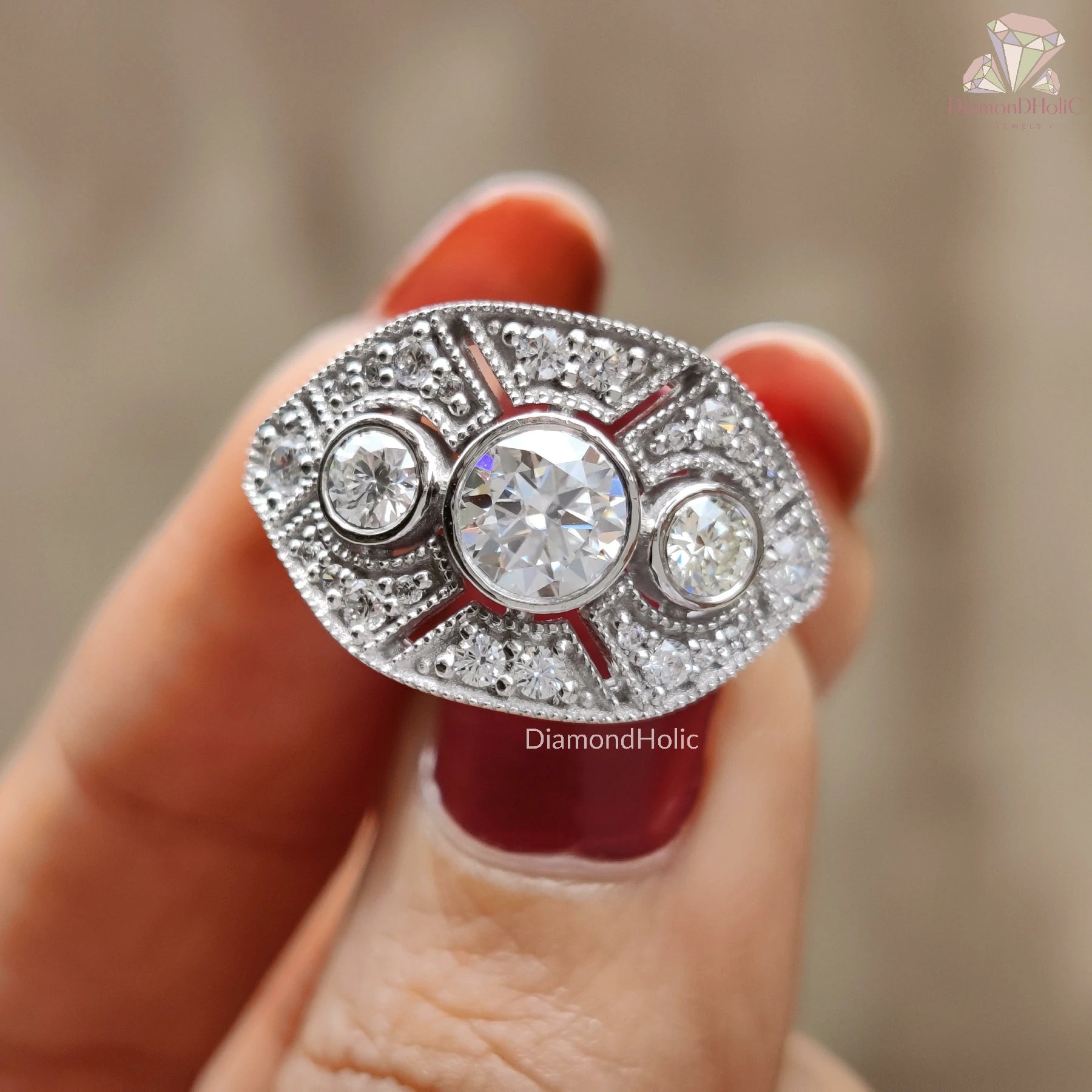 Vintage Round Moissanite Ring – Bezel-Set Trio with Milgrain Detail
