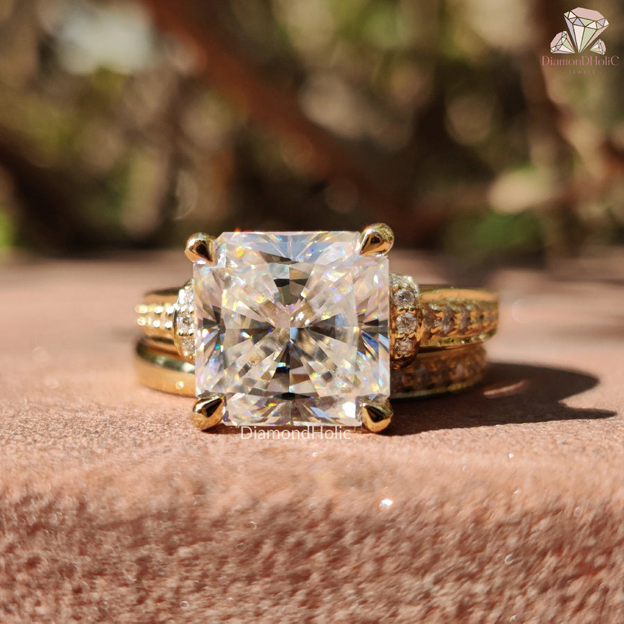 Gold Engagement Ring | Radiant Cut Moissanite | Eternity Wedding Band