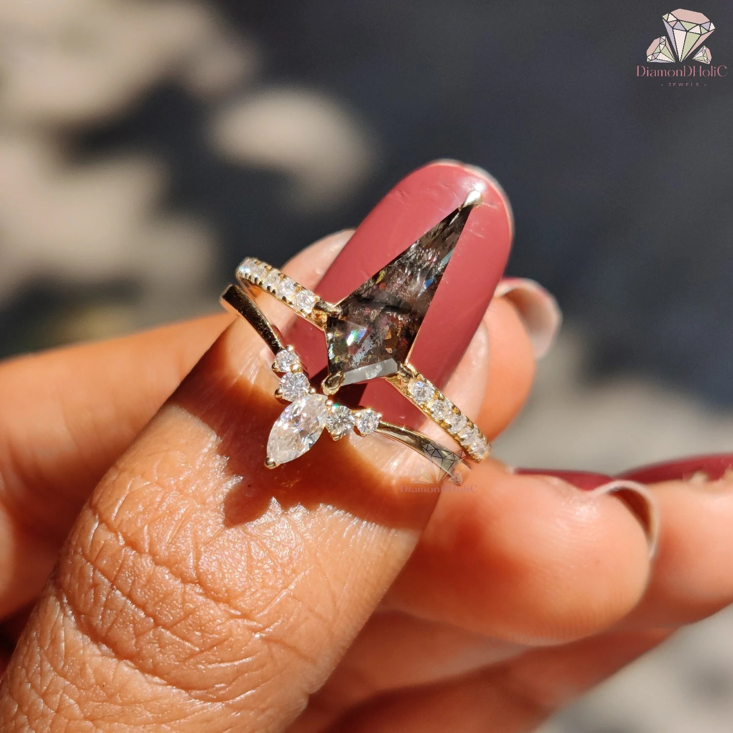 Vintage Kite Cut Salt and Pepper Curved Shape Diamond Ring with Band
