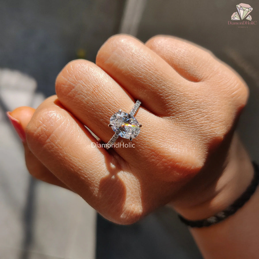 Modern Bridal Ring | Oval CVD Sparkle | Hidden Halo Band