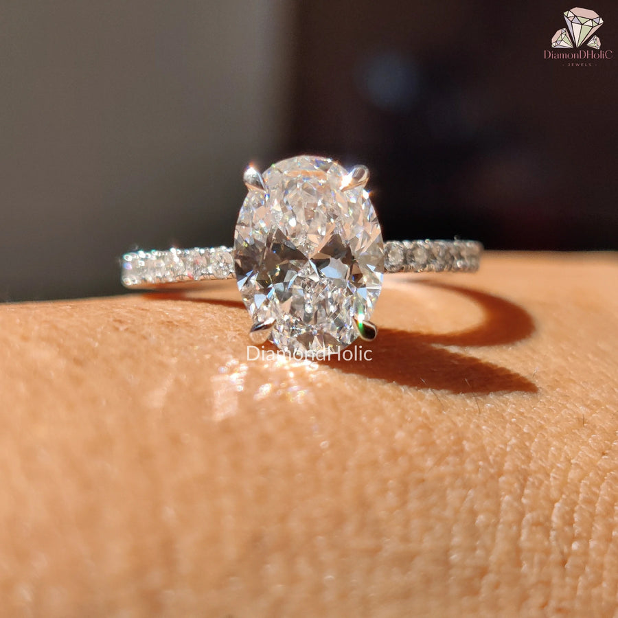 Stylish Pave Band Ring | Oval Hidden Halo Gem | Jewelry for Women