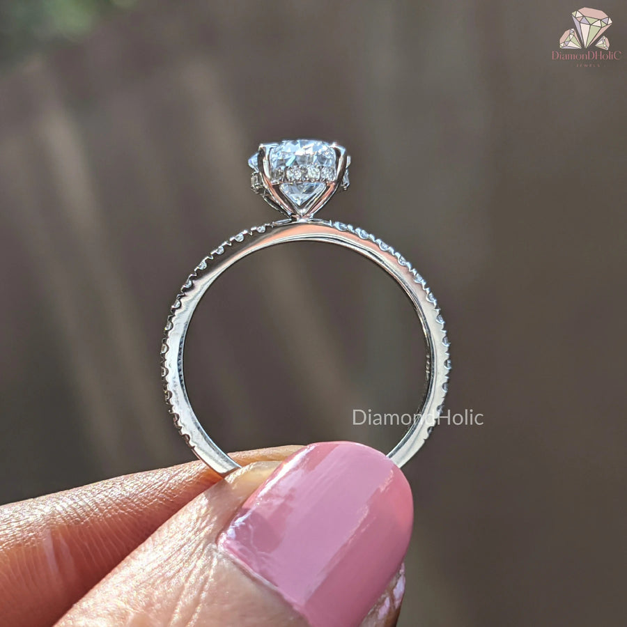 Hidden Halo Engagement Ring | Oval CVD Jewelry | Pave Design Ring