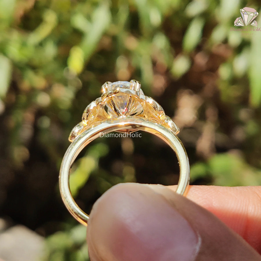 Oval Moissanite Ring | 14K Gold Filigree | Halo Engagement Design