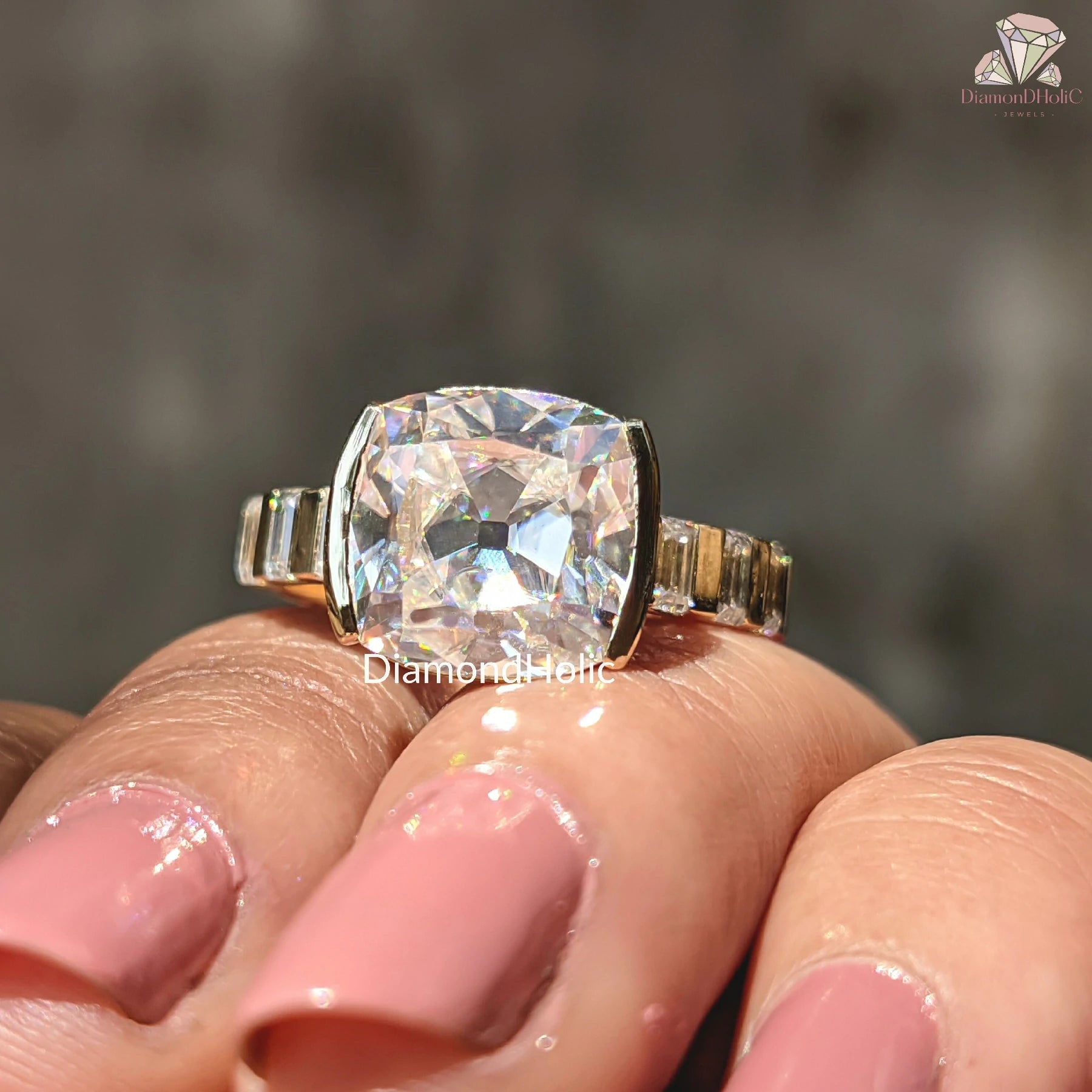 moissanite engagement ring | baguette side stone ring | cushion cut ring