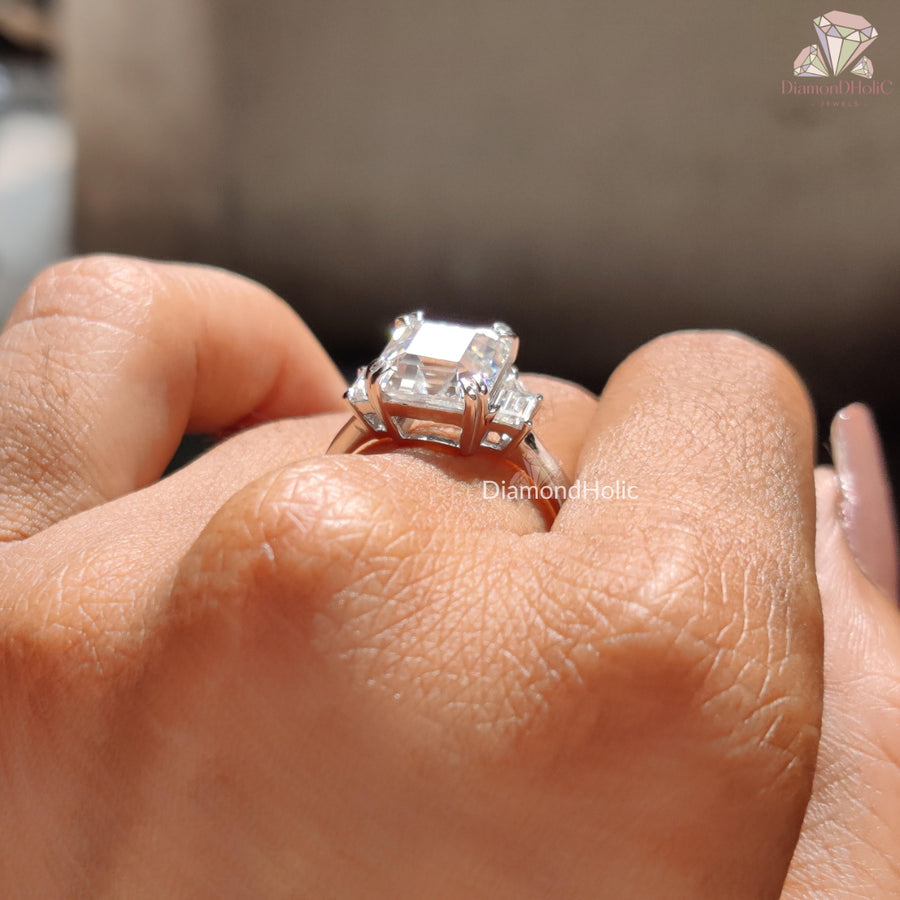 Three Stone Asscher Cut Moissanite Bridal Ring – Elegant Two Prong Setting