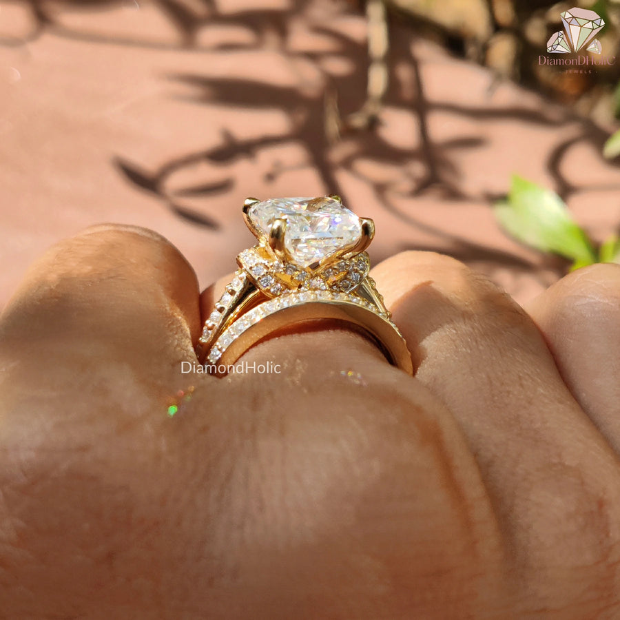 Solitaire Engagement Ring | Radiant Moissanite Set | Gold Wedding Band