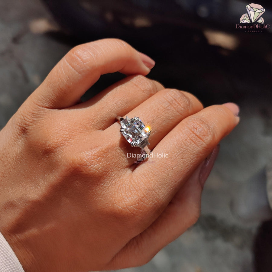 Three Stone Asscher Cut Moissanite Bridal Ring – Elegant Two Prong Setting