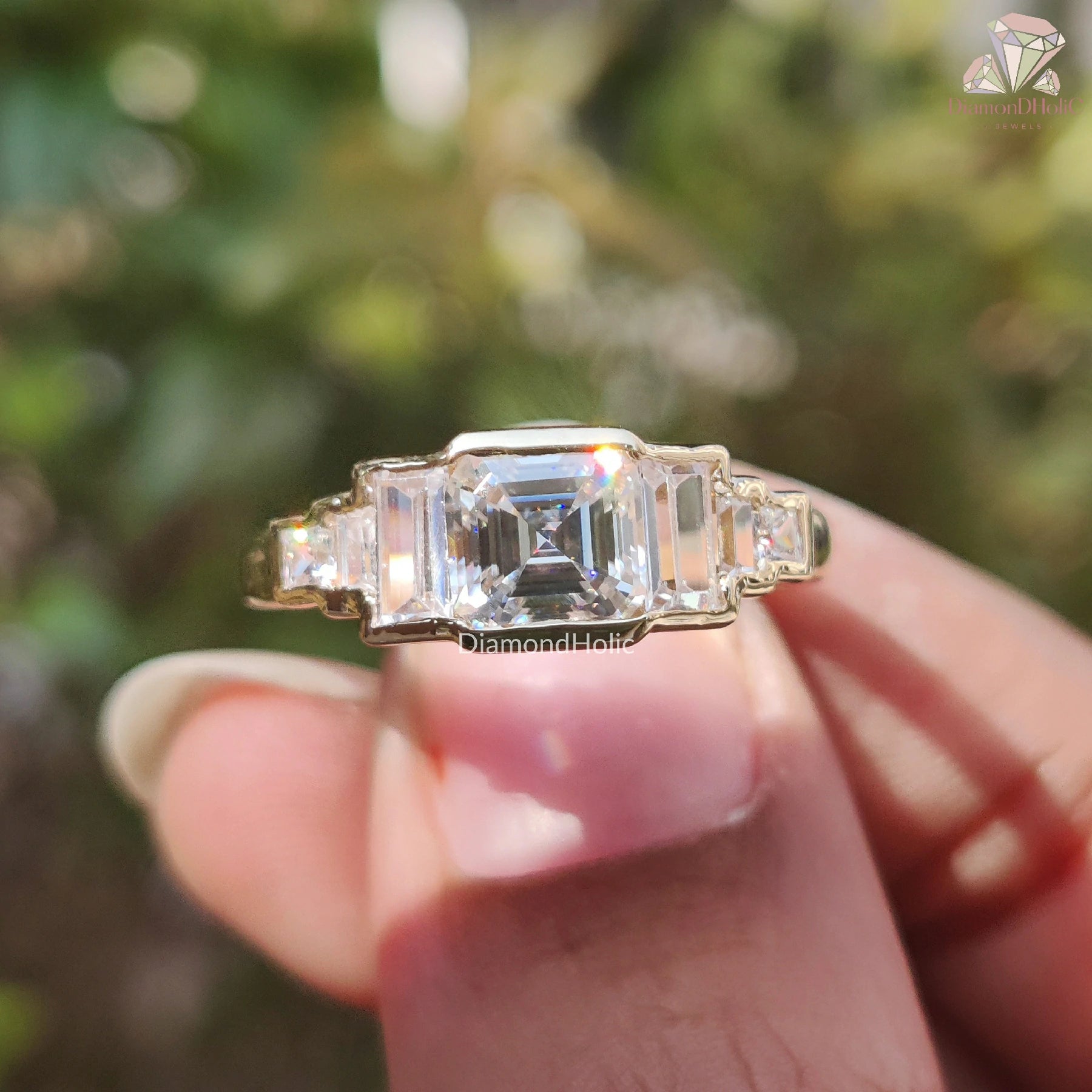 Asscher Cut Moissanite Ring with Carre Side Diamond Accents