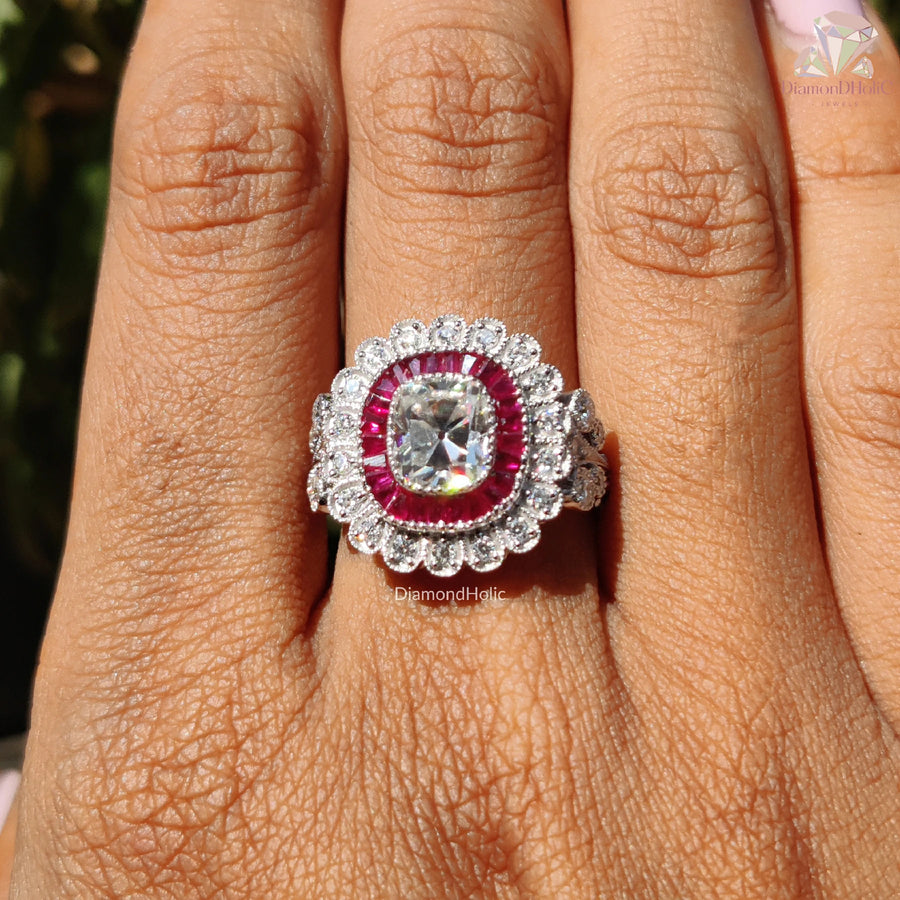 luxury moissanite ring | custom halo ring | baguette halo ring