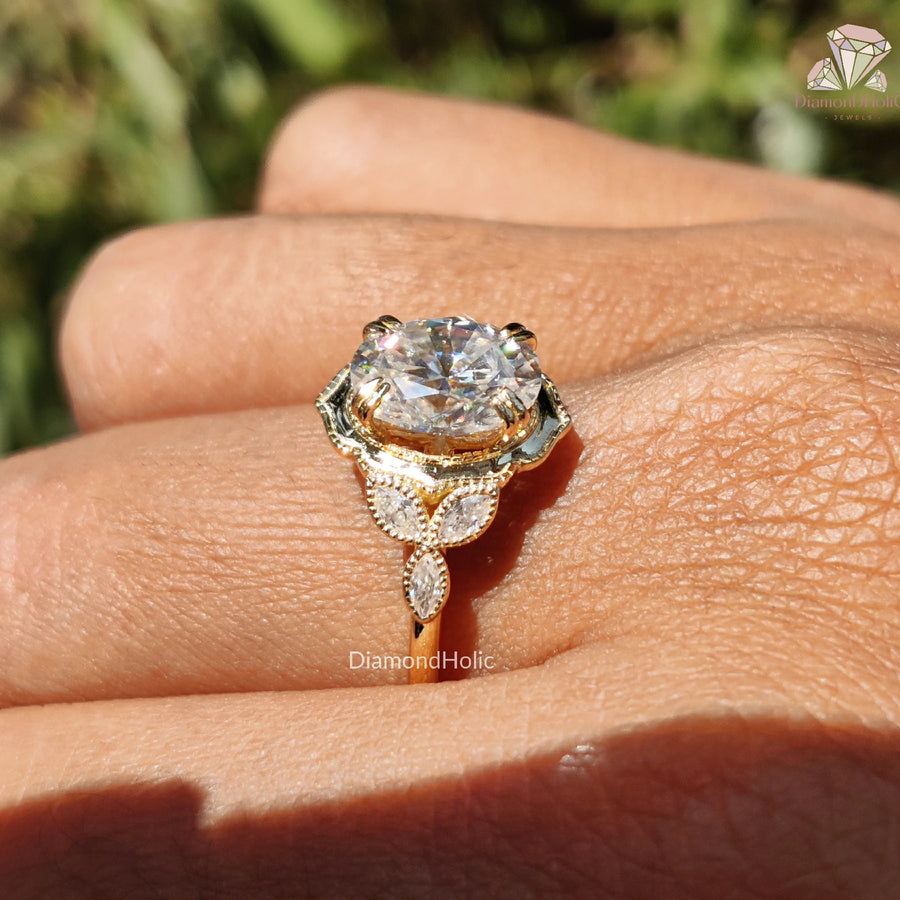 Art Deco Engagement Ring | Moissanite Oval Cut | Milgrain Halo