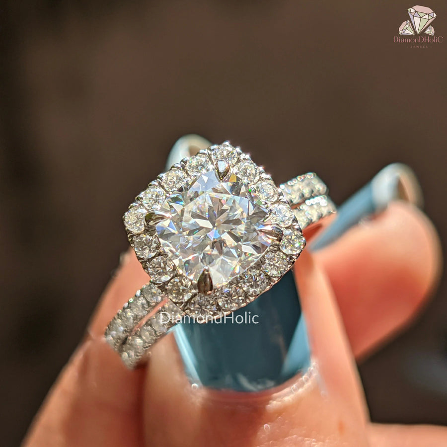 cushion cut halo design | elegant moissanite ring | cushion diamond style