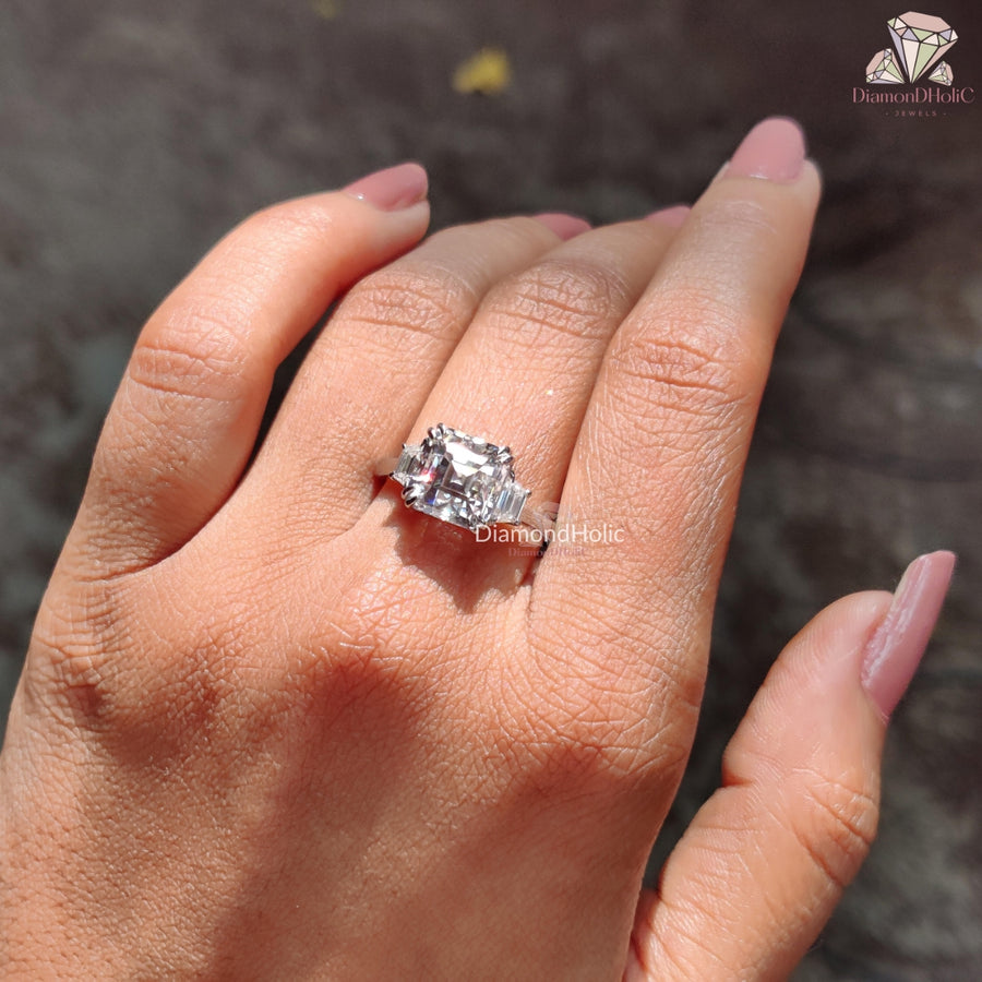 Three Stone Asscher Cut Moissanite Bridal Ring – Elegant Two Prong Setting