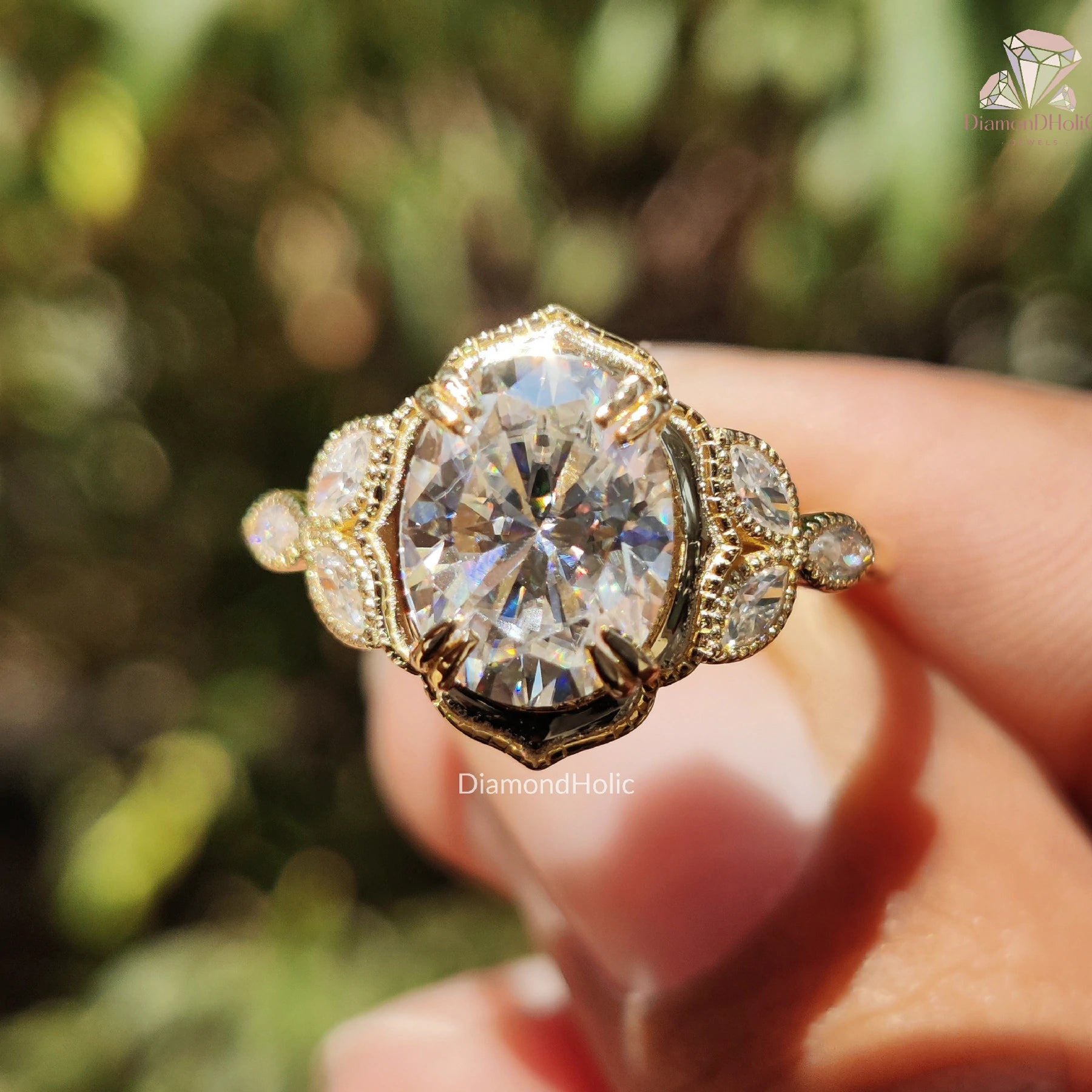 14K Gold Moissanite Ring | Oval Halo Setting | Vintage Filigree