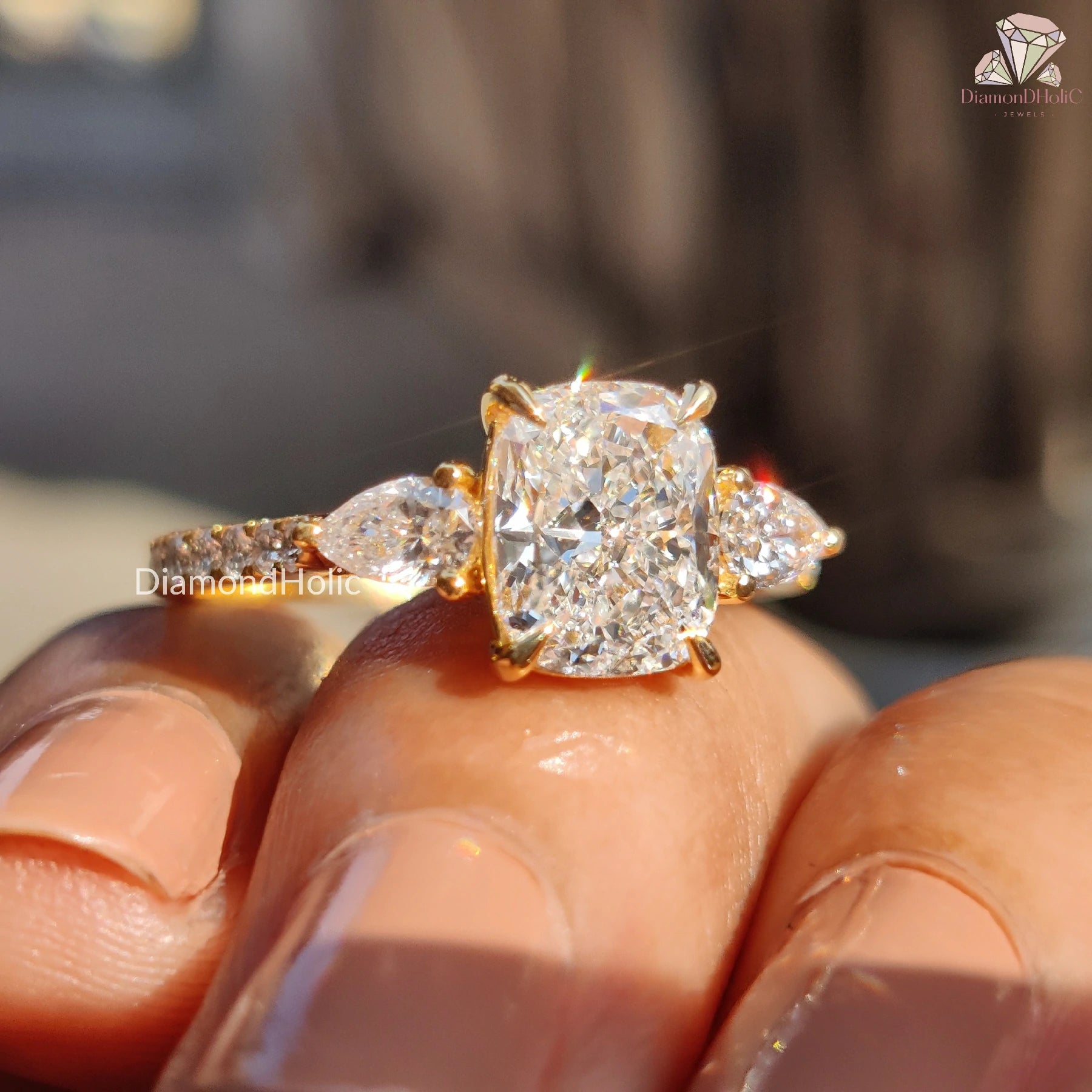Three Stone Diamond Ring, Lab Diamond Ring, Cushion Cut Diamond Ring, Pear Cut Diamond Ring,