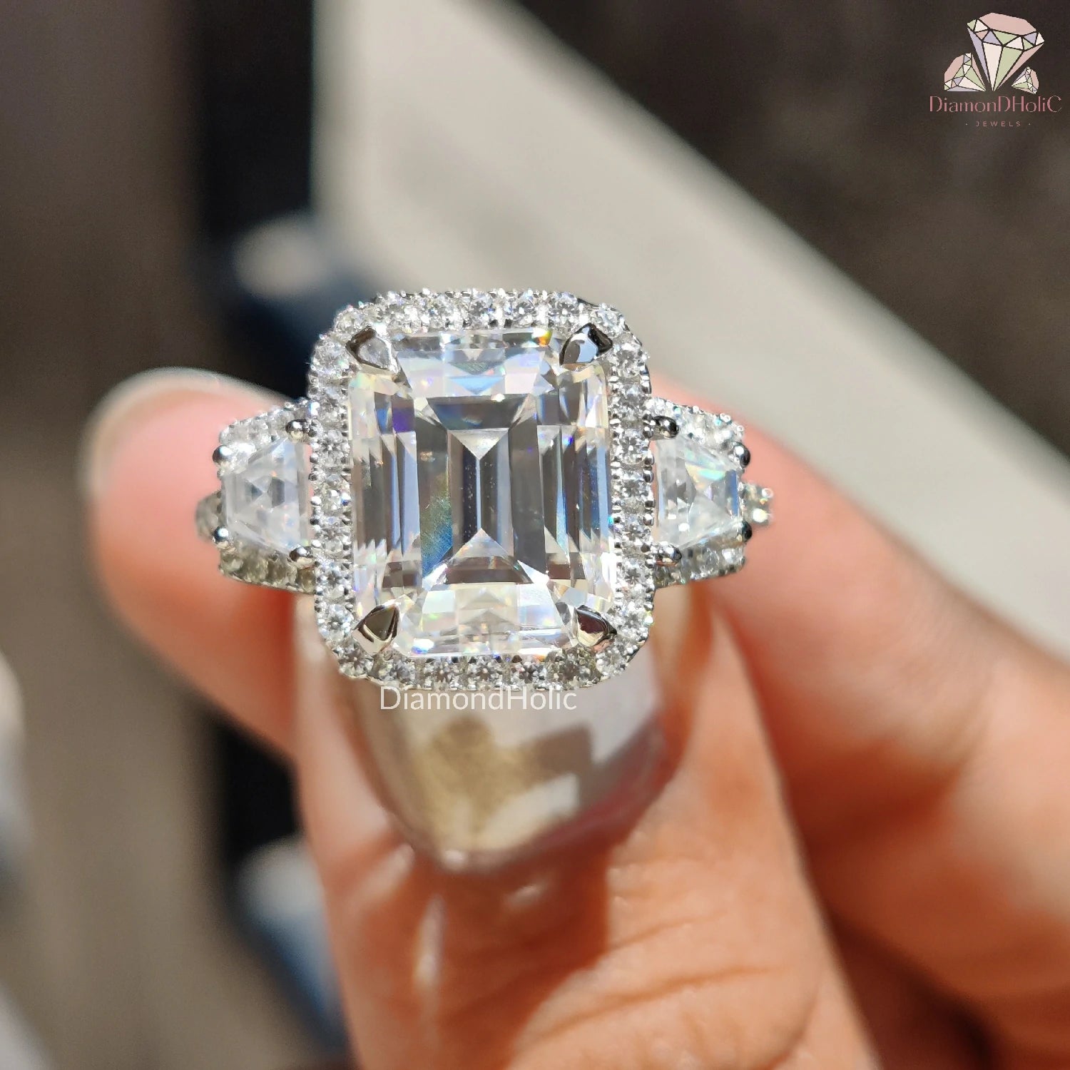 Emerald Cut Three Stone Halo Moissanite Engagement Ring – Timeless