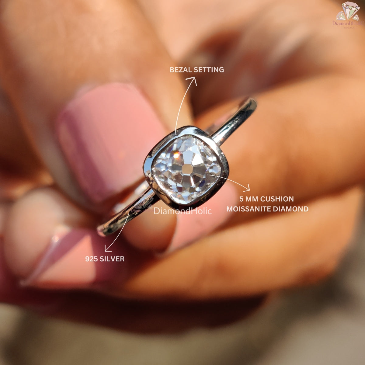 Old European Cut Moissanite Ring – Cushion Cut Solitaire with Bezel Setting