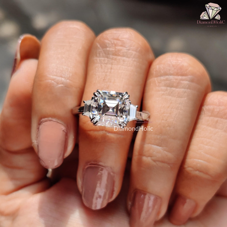 Three Stone Asscher Cut Moissanite Bridal Ring – Elegant Two Prong Setting