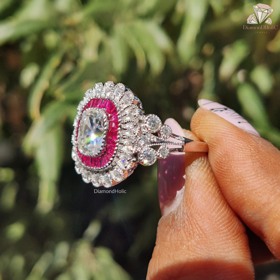 white gold floral ring | vintage moissanite ring | ruby moissanite ring