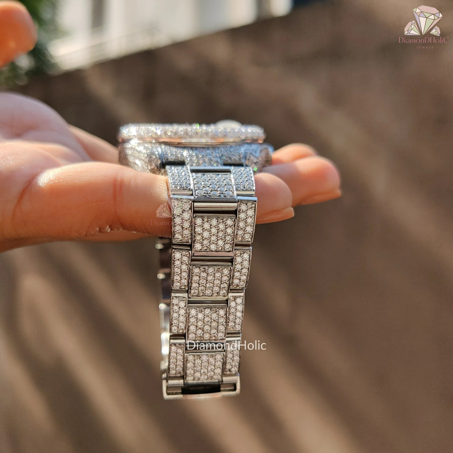 Bold Moissanite Bust Down Watch – Round Dial with Hour Marker Design for Men