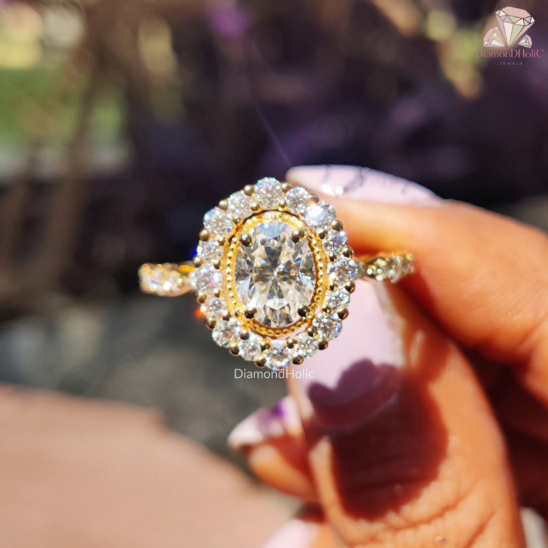 oval moissanite ring | gold flower ring | petal halo ring