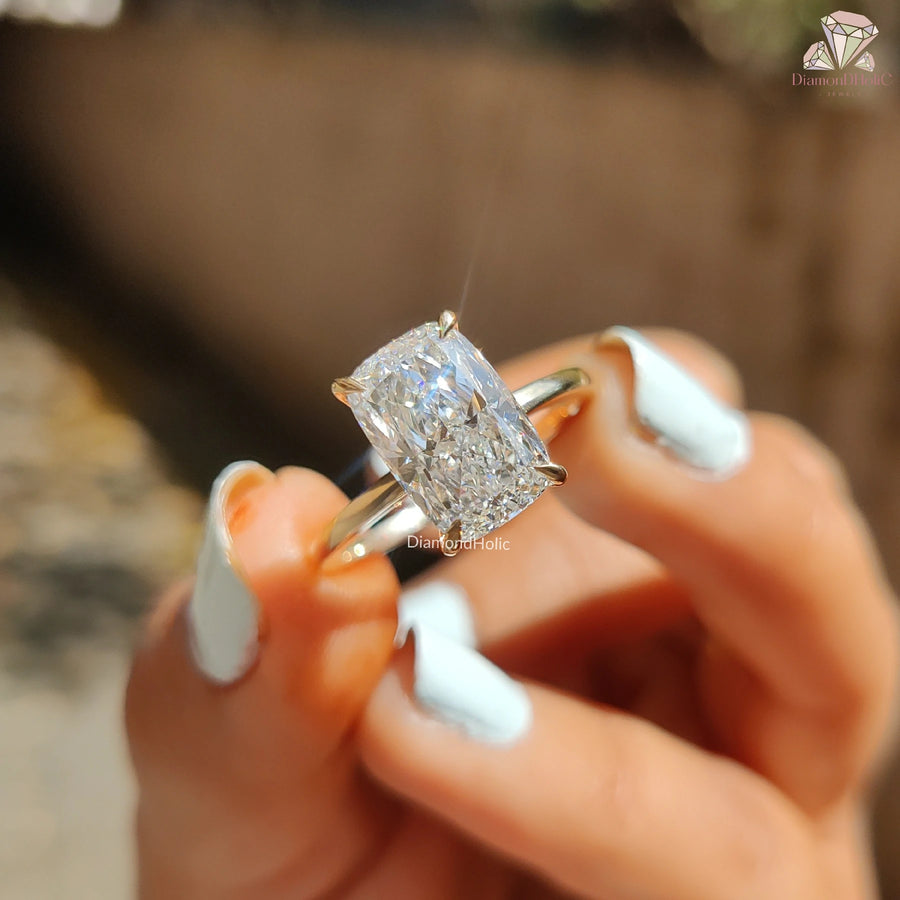 cushion cut lab diamond | dainty gold diamond ring | modern cushion solitaire