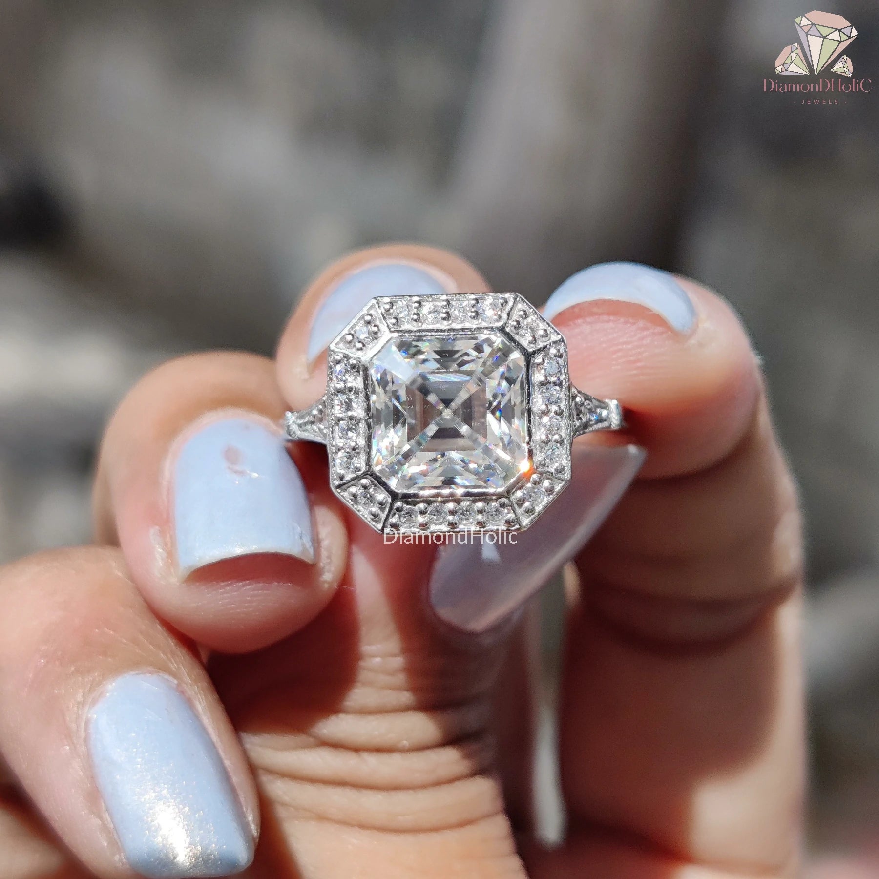 Asscher Cut Moissanite Halo Ring