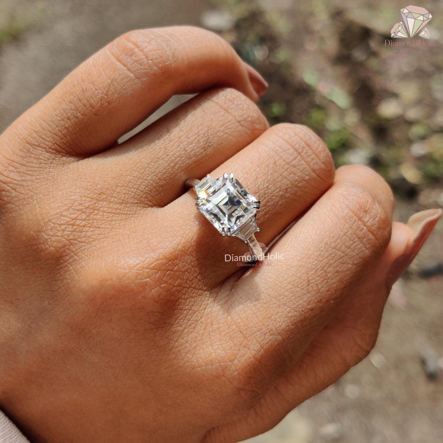 Three Stone Asscher Cut Moissanite Bridal Ring – Elegant Two Prong Setting
