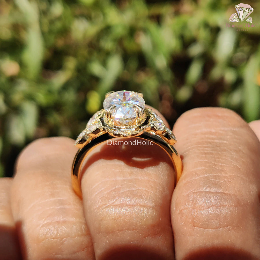 Oval Halo Moissanite | Bezel Diamond Accents | Filigree Art Ring