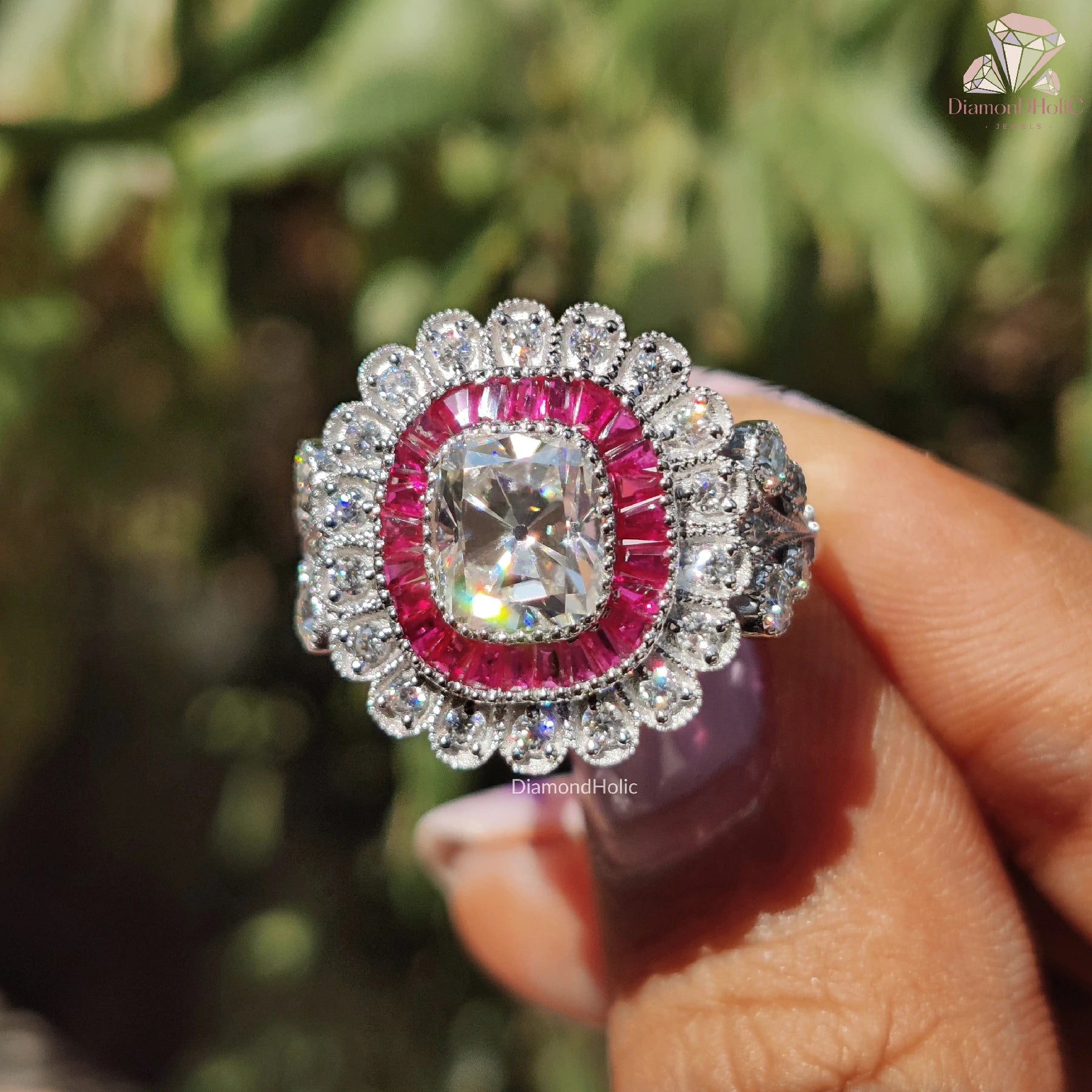 moissanite diamond ring | pink baguette halo | moissanite cushion ring