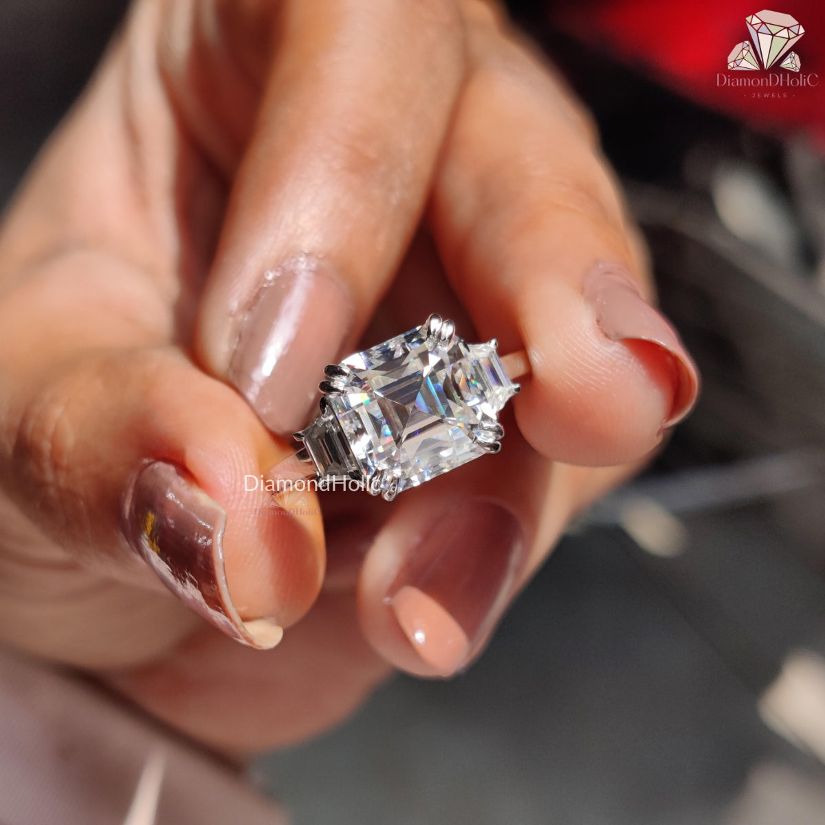 Three Stone Asscher Cut Moissanite Bridal Ring – Elegant Two Prong Setting