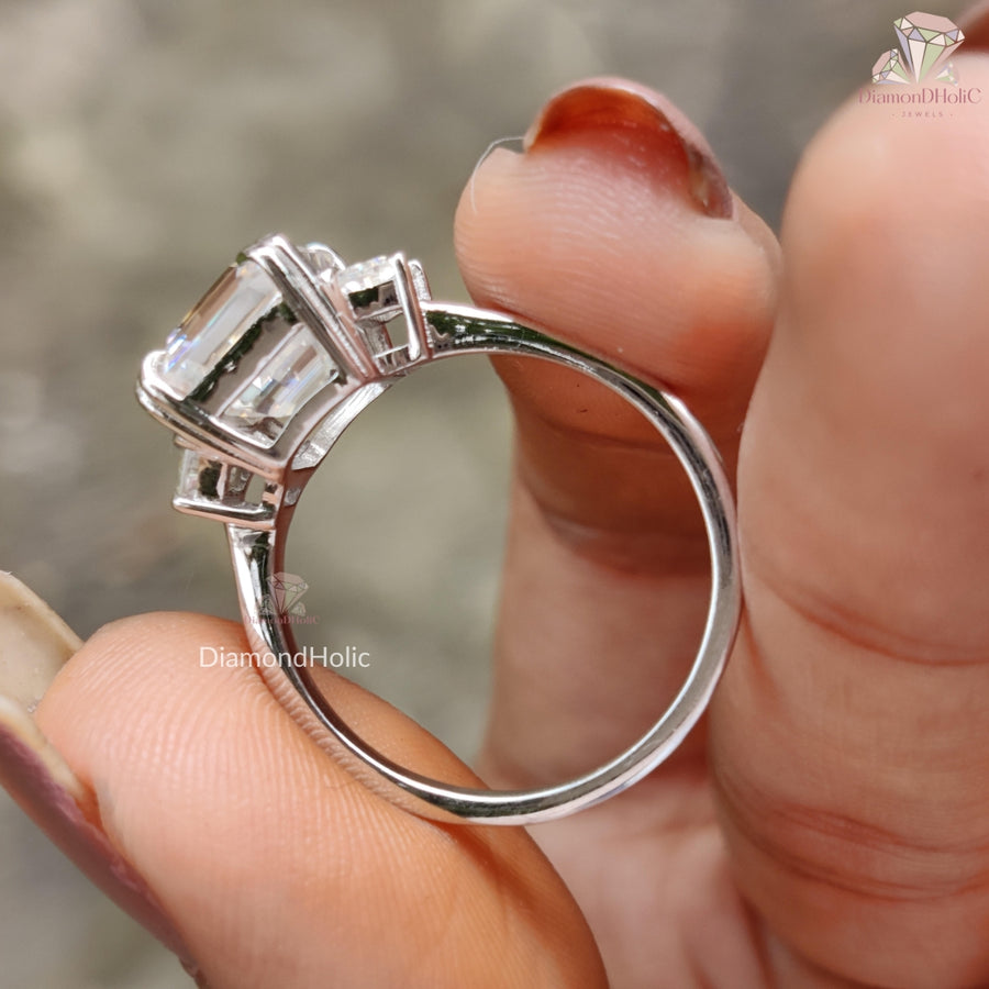 Three Stone Asscher Cut Moissanite Bridal Ring – Elegant Two Prong Setting