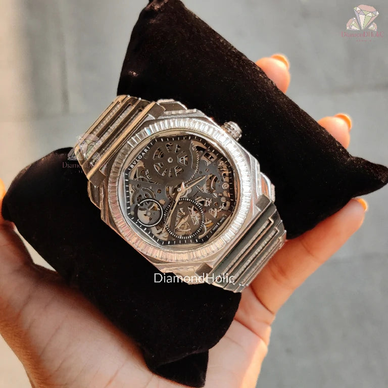 Stainless Steel Moissanite Men’s Watch – Round Dial with Baguette Halo