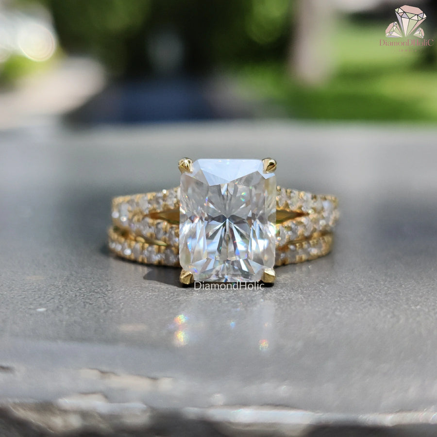 Wedding band with moissanite | Radiant cut diamond engagement ring | Moissanite engagement ring