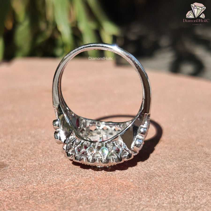 moissanite with ruby halo | white gold cushion ring | double halo moissanite ring