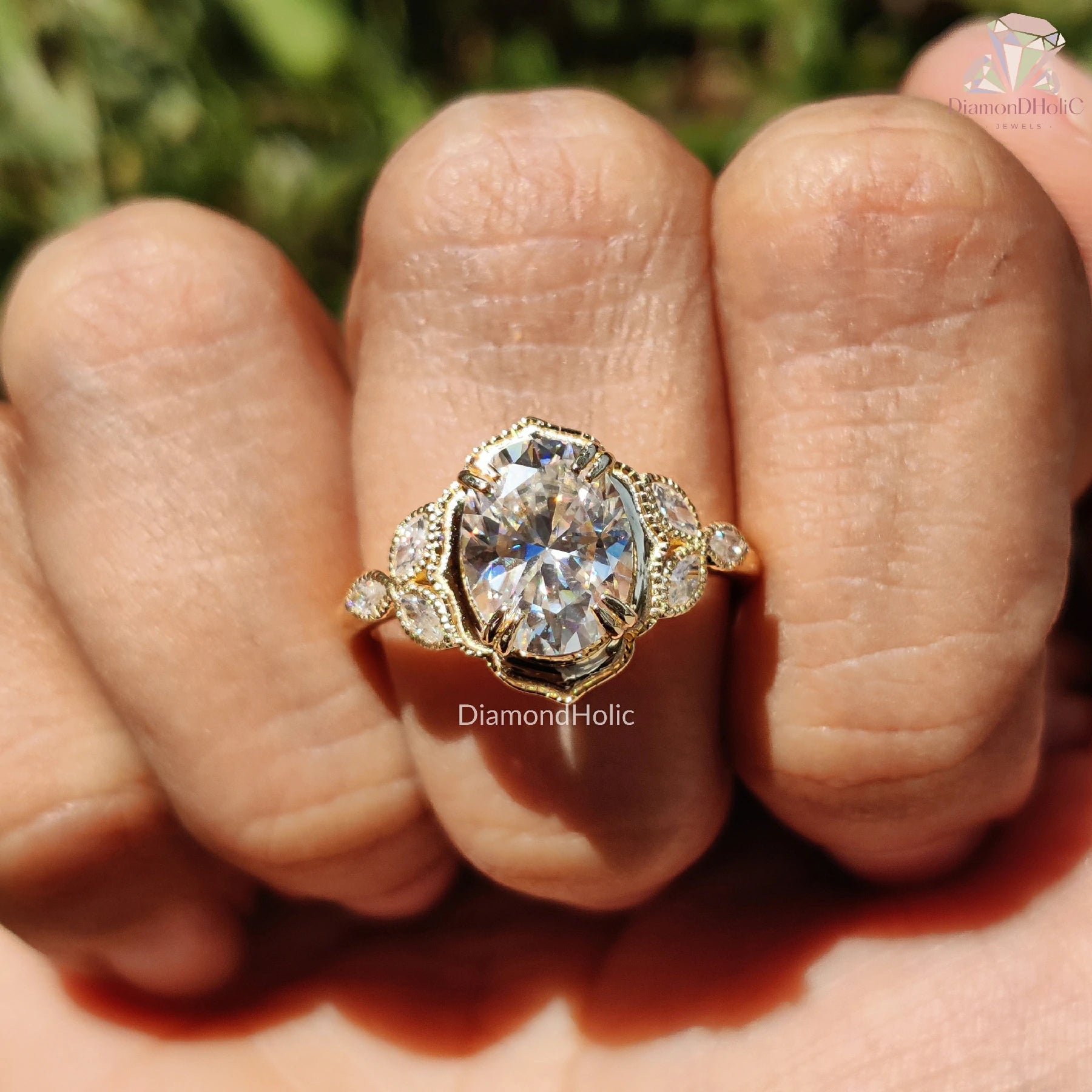 Moissanite Filigree Ring | Art Deco Halo | 14K Gold Engagement