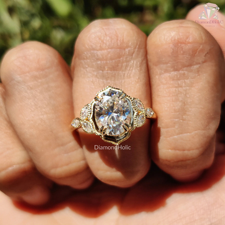 Moissanite Filigree Ring | Art Deco Halo | 14K Gold Engagement