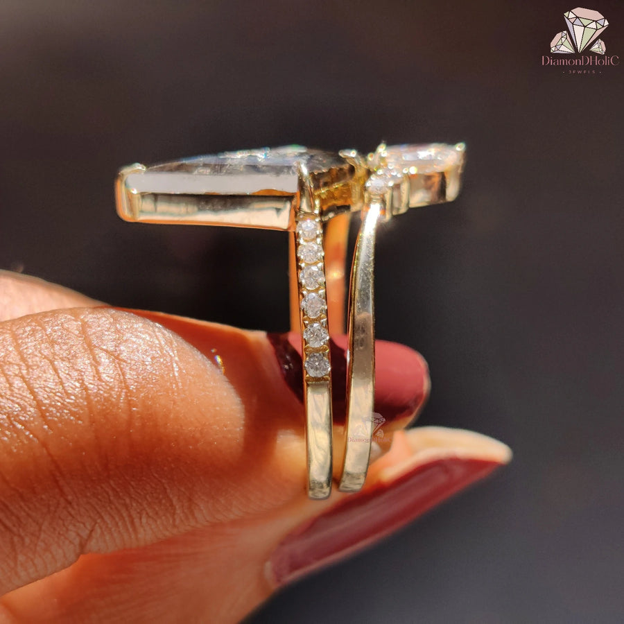 Vintage Kite Cut Salt and Pepper Curved Shape Diamond Ring with Band