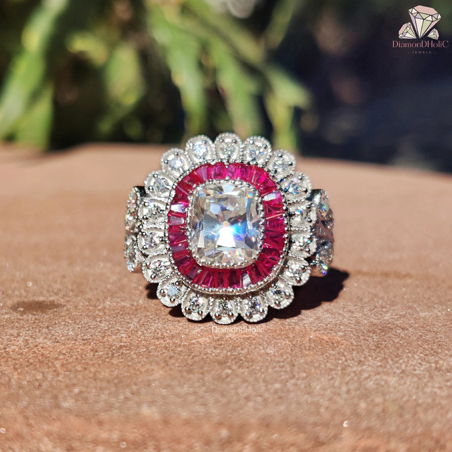 moissanite floral halo | moissanite engagement ring | moissanite cushion cut