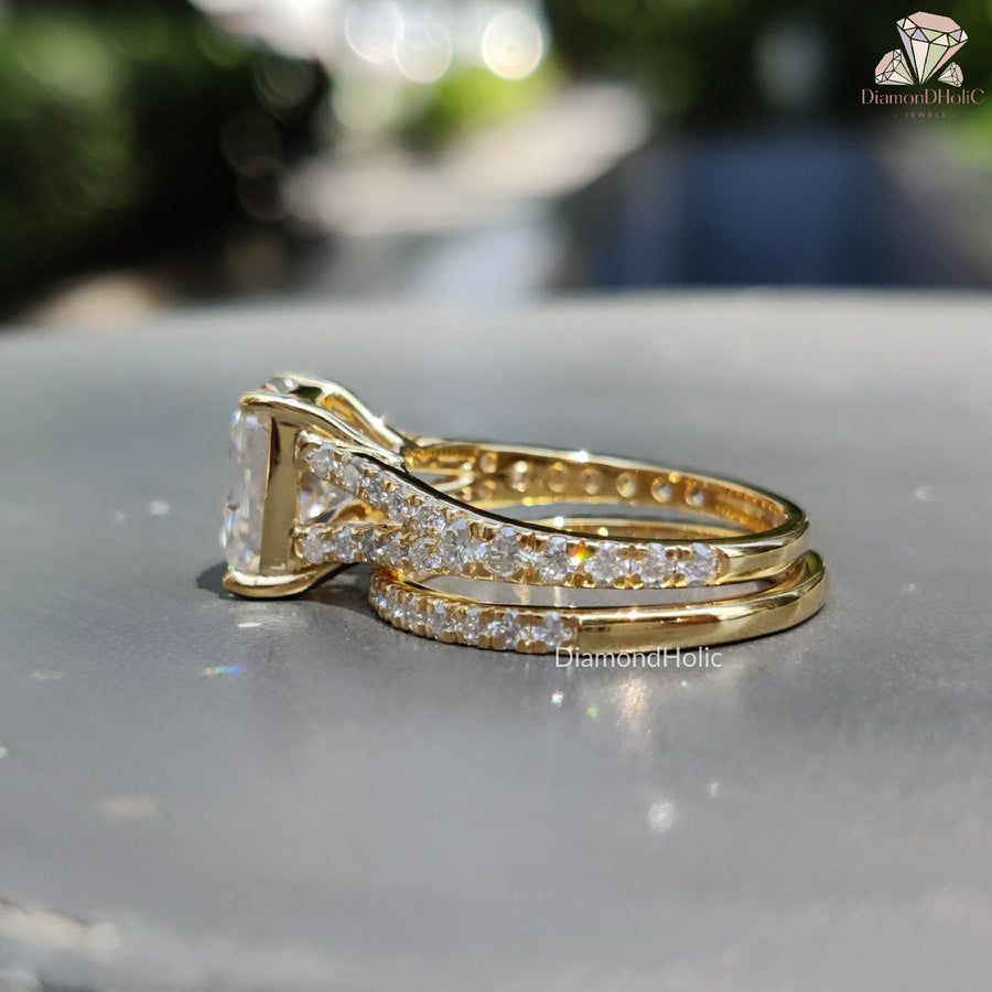 Wedding set with engagement ring | Radiant cut diamond wedding band | Timeless moissanite engagement ring