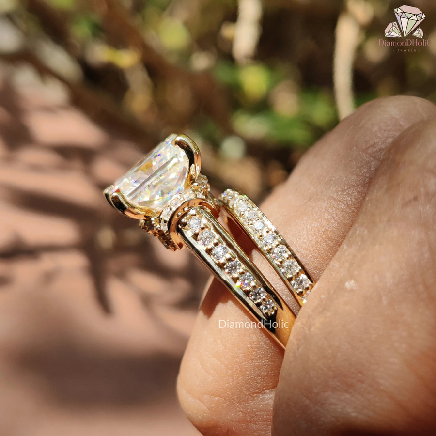 Radiant Engagement Ring | Gold Moissanite Set | Eternity Ring Set