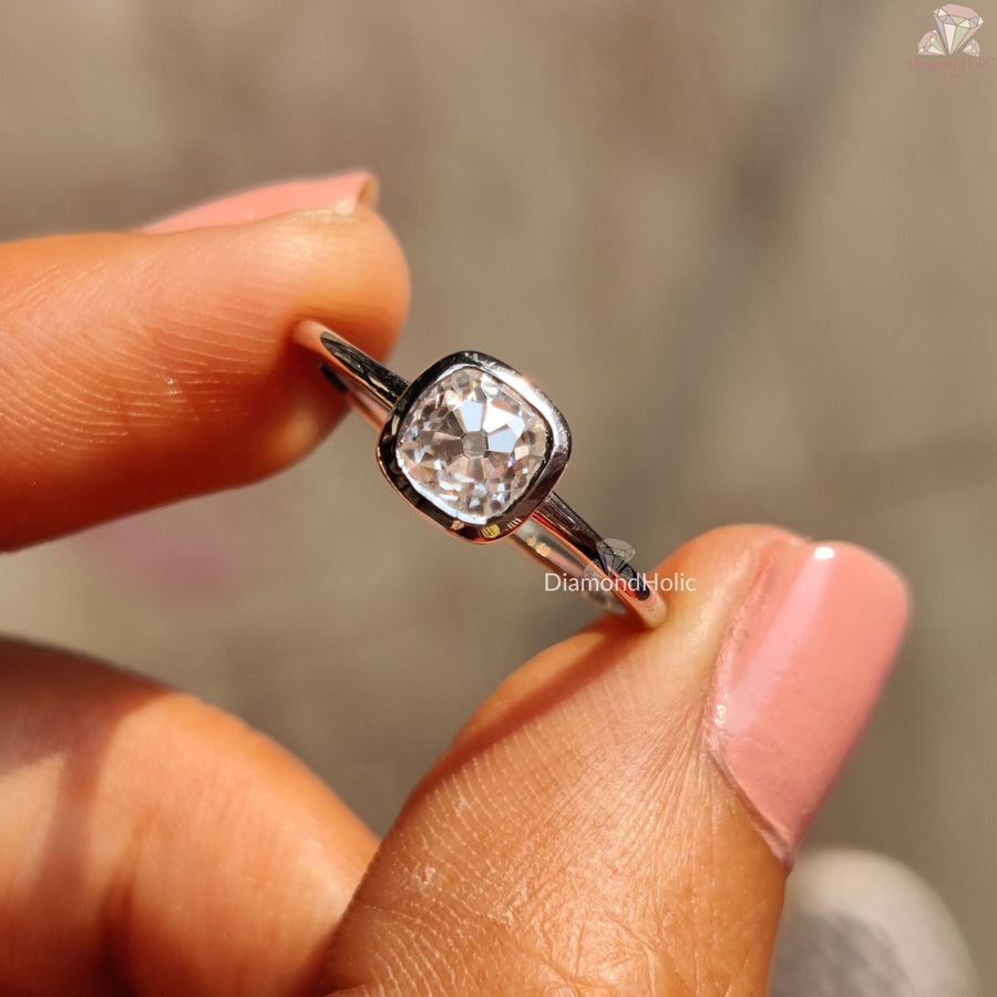 Old European Cut Moissanite Ring – Cushion Cut Solitaire with Bezel Setting