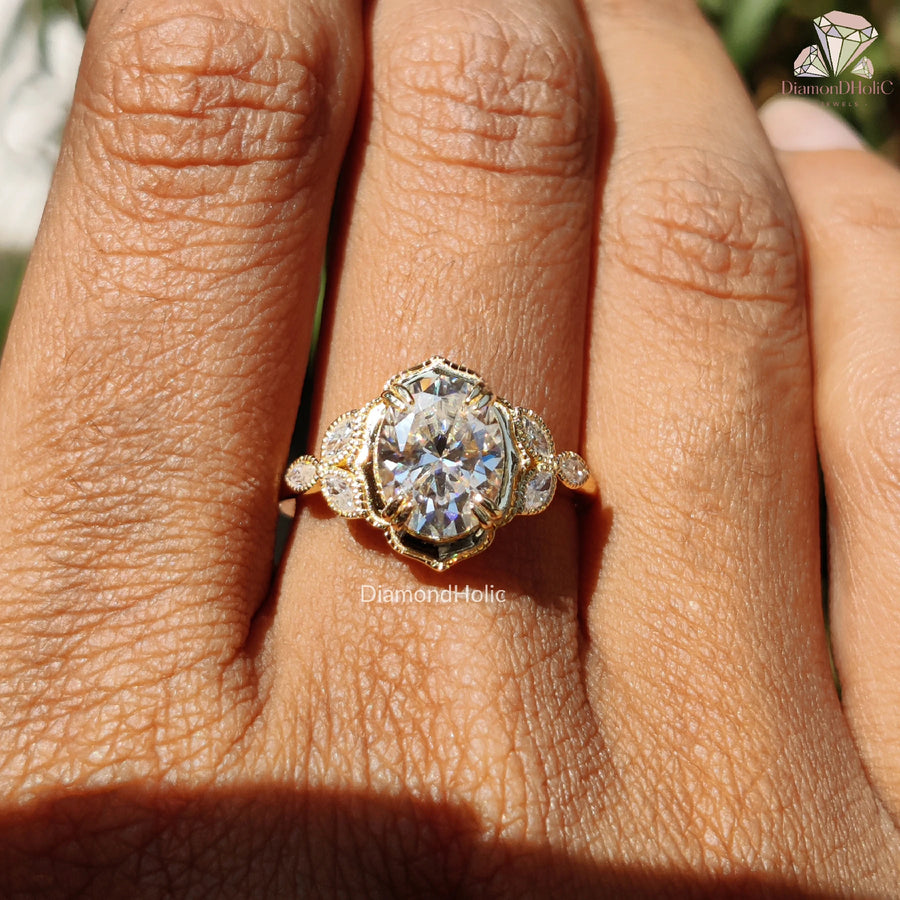Oval Cut Engagement Ring | Milgrain Halo Design | Solid Gold Ring