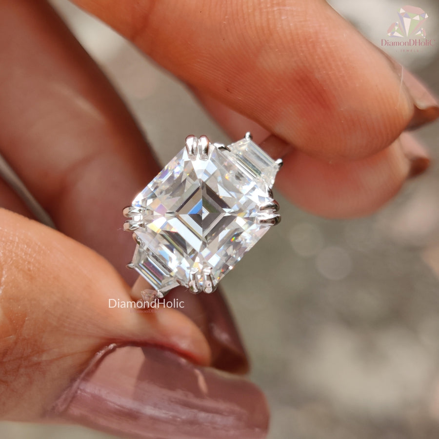 Three Stone Asscher Cut Moissanite Bridal Ring – Elegant Two Prong Setting