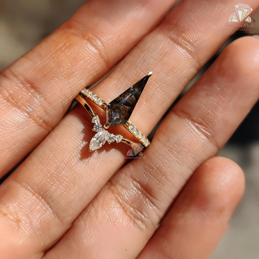 Vintage Kite Cut Salt and Pepper Curved Shape Diamond Ring with Band