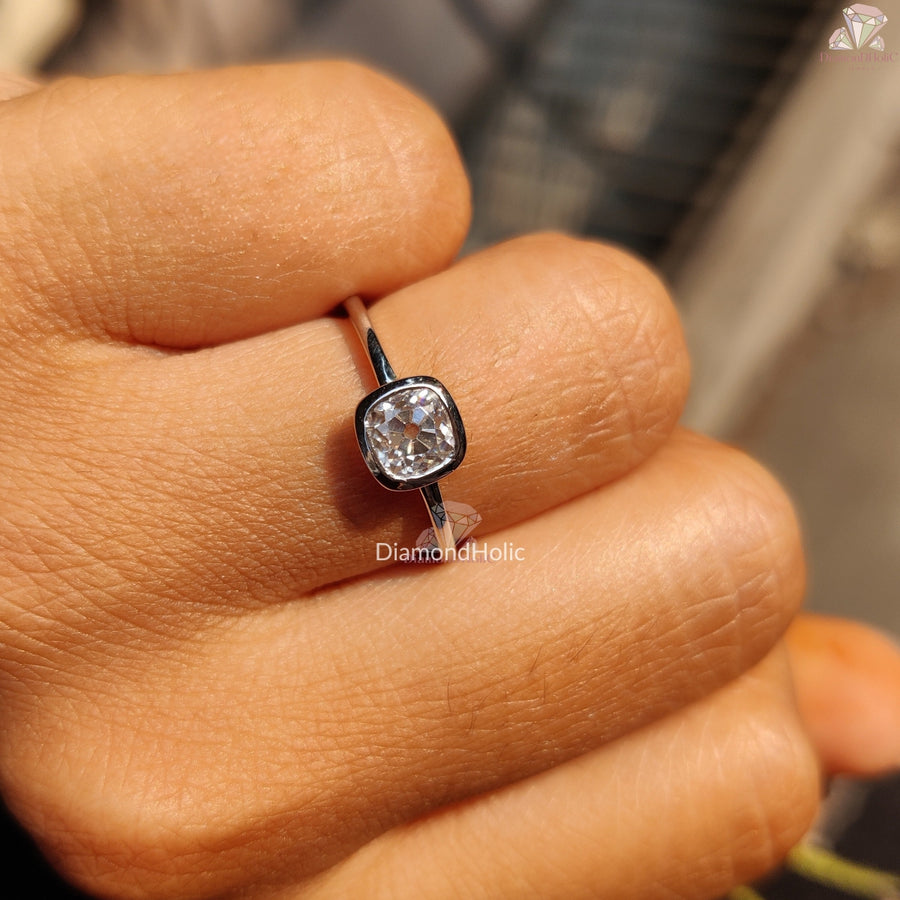 Old European Cut Moissanite Ring – Cushion Cut Solitaire with Bezel Setting