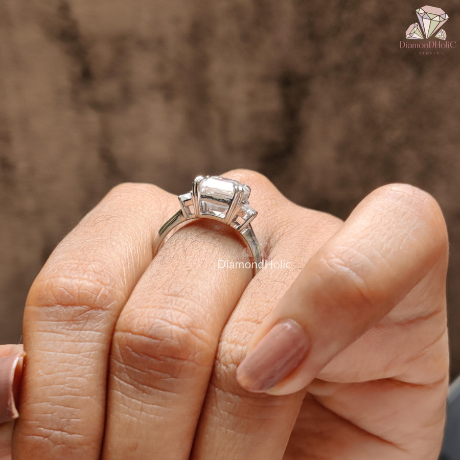 Three Stone Asscher Cut Moissanite Bridal Ring – Elegant Two Prong Setting